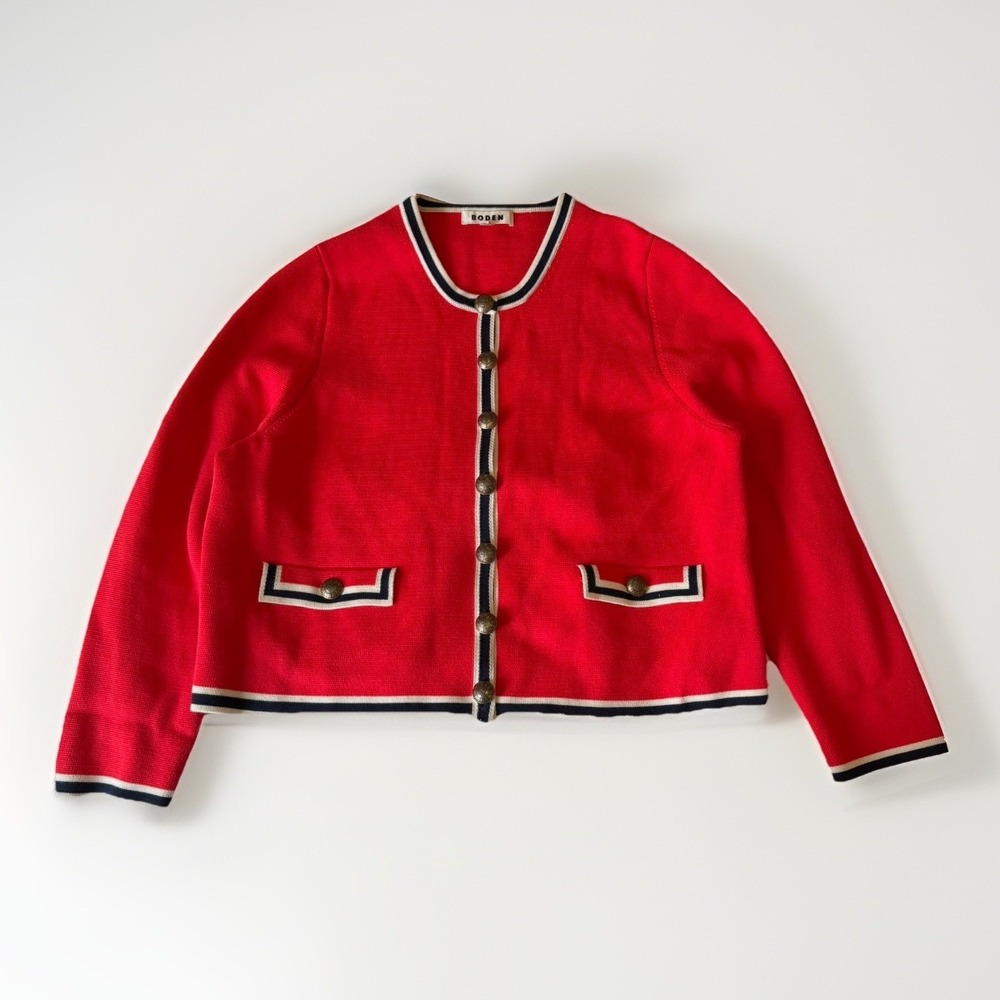 Boden Boxy Plus Size 20 Holly Knitted Jacket Cardigan Red Antique Gold Buttons